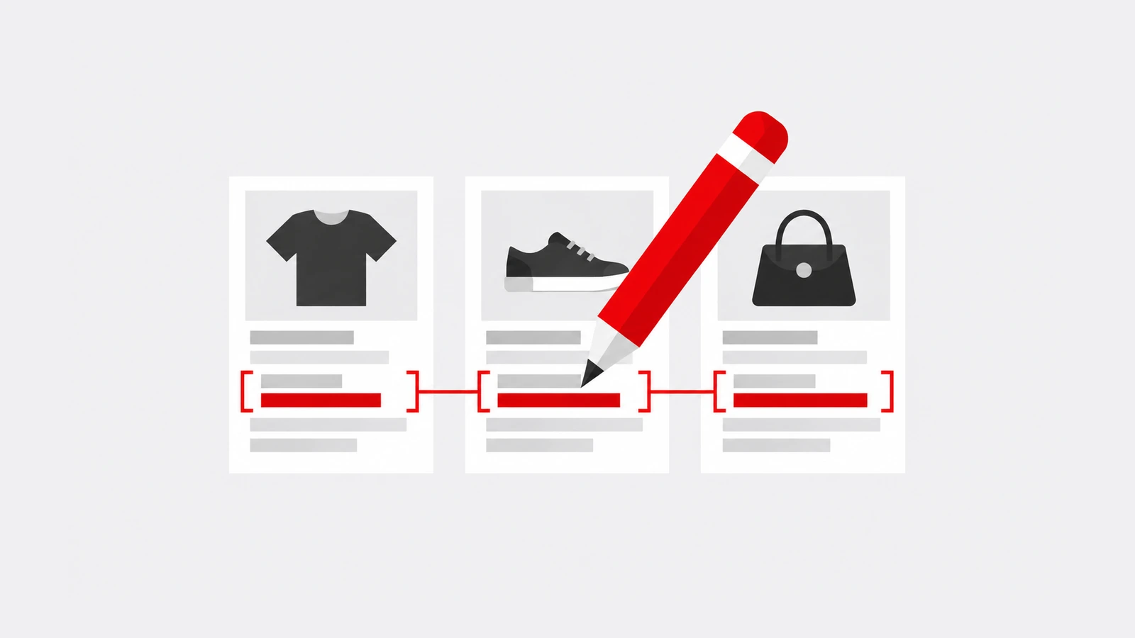 Lápis a atualizar campos de três produtos, representando alterações em massa num catálogo WooCommerce.