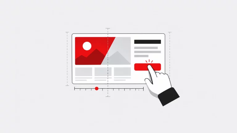 Porque devo criar uma página de empresa no Facebook? 4 Página de website com medidas de disposição e uma interação num botão, representando Core Web Vitals.