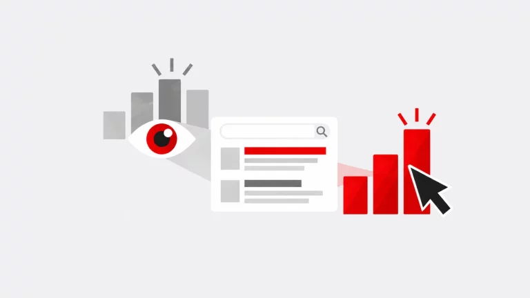 Porque devo criar uma página de empresa no Facebook? 3 Resultado de pesquisa, olho e indicadores de cliques, representando dados do Google Search Console.