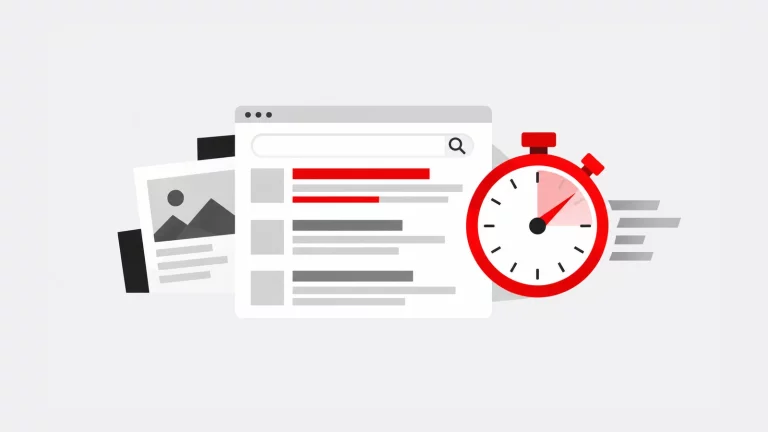 Porque devo criar uma página de empresa no Facebook? 6 Resultados de pesquisa ao lado de um cronómetro, representando a relação entre SEO e desempenho.
