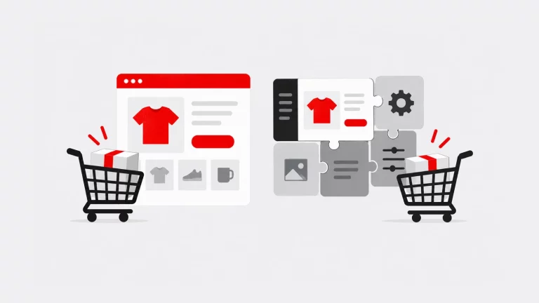 Tendências no Comércio Eletrónico para 2017 5 Duas estruturas de loja online com produtos e carrinhos, representando Shopify e WooCommerce.